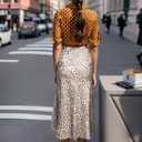 Womens Leopard Print Skirt Midi Long Length Silk Satin High Waist Elastic Skirts (L)