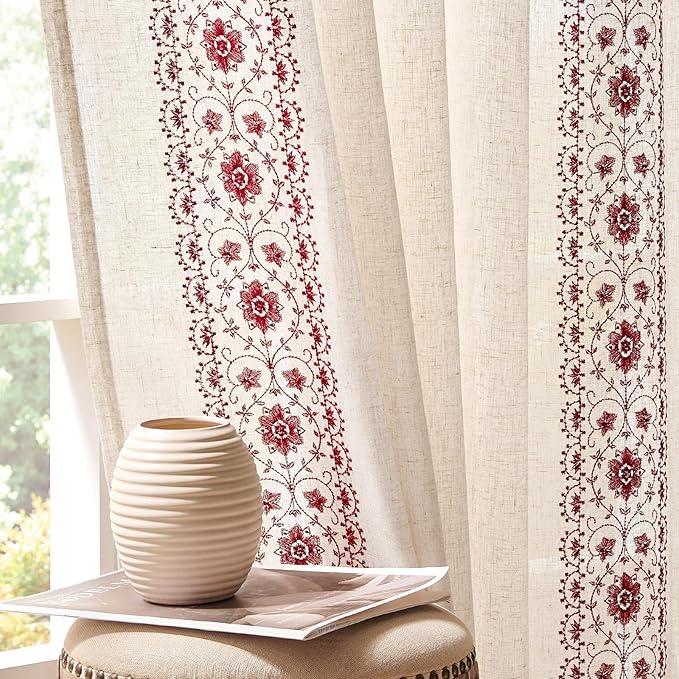 jinchan Boho Curtains for Bedroom Red Vintage Floral Farmhouse Curtains 84 Inches Long Linen Blend Drapes for Living Room Embroidered Light Filtering Drapes Rod Pocket Red on Beige 2 Panels (Floral| Burgundy Red on Beige)