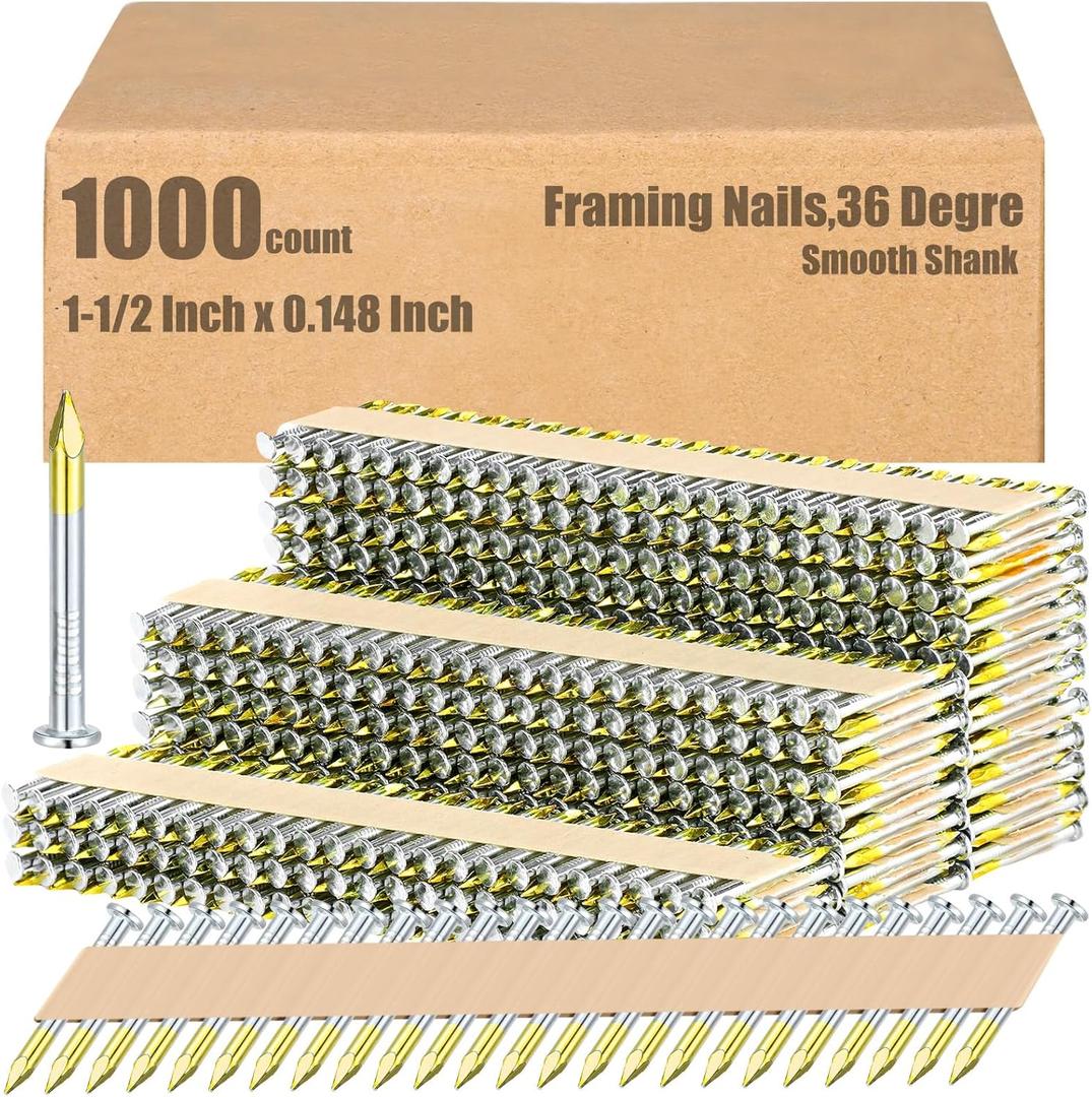Hicarer 1000 Count Framing Joist Hanger Nails 36 Degree Metal Connector Galvanized Round Head Smooth Shank Paper Tape Collated Nails for Woodworking Project (1-1/2 x 0.148 Inch)