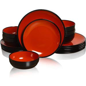 TP 18-Piece Dinnerware Set, Melamine Dishes Set with Bowls and Plates, Service for 6, Non-breakable Lightweight Dining Tableware, Black and Red