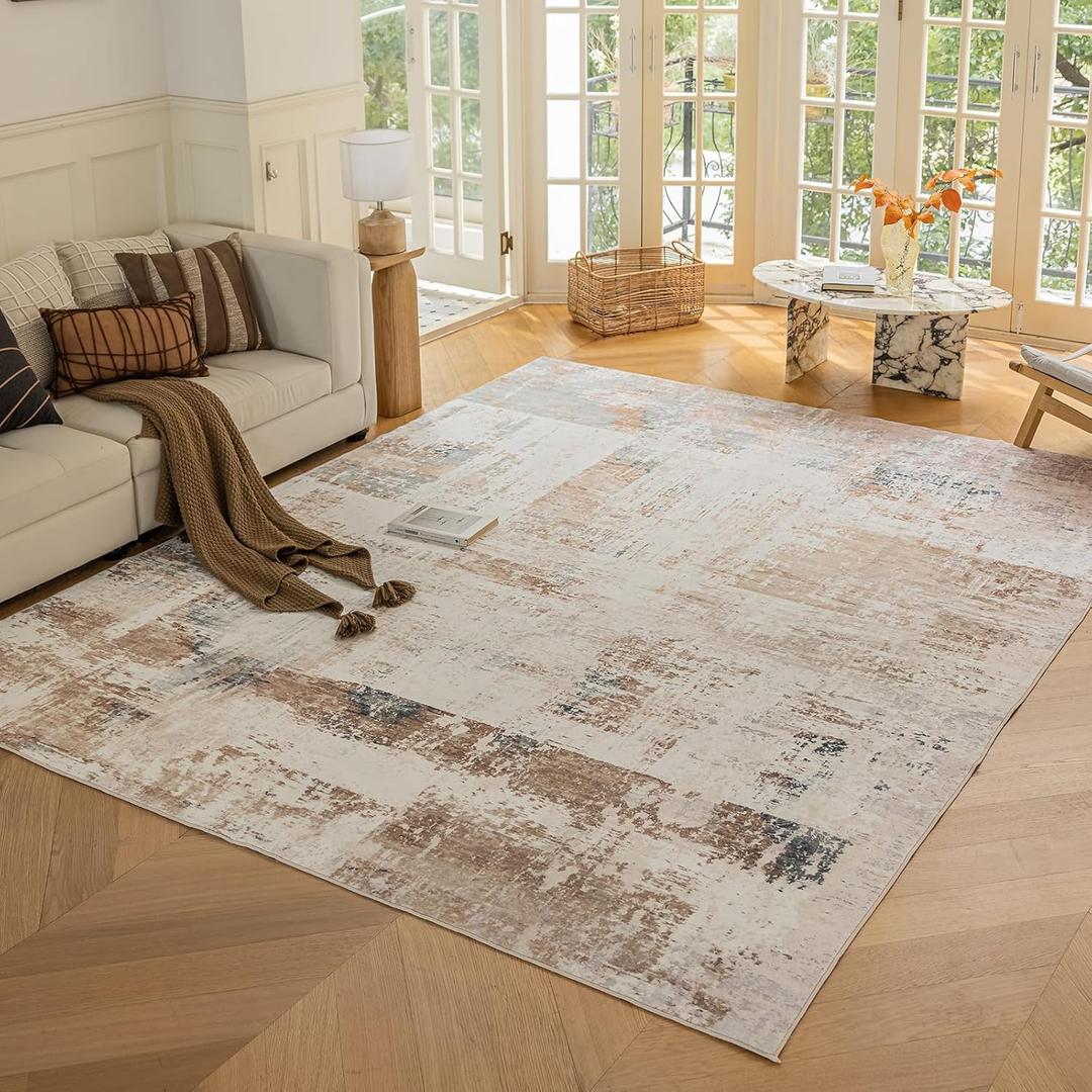 OMERAI 6x9 Washable Area Rug, Brown Modern Abstract Area Rug for Living Room Bedroom, Large Soft Floor Carpet for Bedside Dining Room Kitchen, Non-Slip Indoor Rug- Brown & Beige & Gold