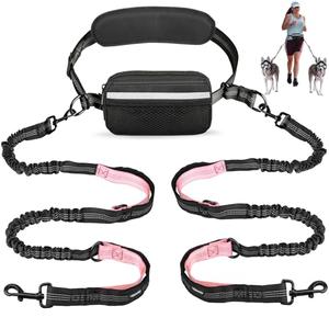 Uppetly Hands Free Dog Running Leash with Waist Belt, Dual Handle Elastic Bungees Retractable Rope for Medium and Large Dogs, Reflective Stitches for Walking Hiking Biking (Large Pink, 25-120lb)