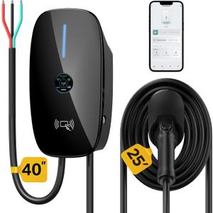 Level 2 EV Charger 48 Amp - J1772 Charger with APP Control, Round Screen Display, Hardwired Installation, WiFi Enabled, 25ft Cable, Indoor/Outdoor, 240V Electric Vehicle Charging Station Black