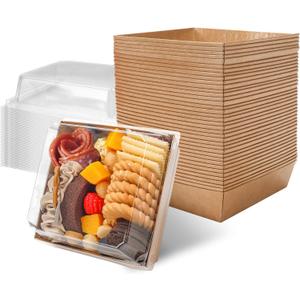 Small Charcuterie Boxes with Clear Lids Square Dessert Boxes To Go Disposable Food Containers for Cookie Sandwich Cake Slice 5.3x4.9x2.5INCH(Brown, 120 Pack)
