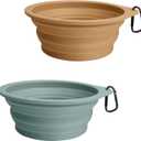 PetBonus 2-Pack Silicone Collapsible Dog Bowls, BPA Free Dishwasher Safe, Portable Foldable Expandable Travel Bowl, Food Water Feeding Cup Dish for Dogs Cats with 2 Carabiners (Turquoise, Tan)