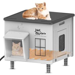 Indestructible Heated Cat House for Outside Cats Winter,Weatherproof & Insulated & Elevated Feral Cat House with Escape Door, Outdoor Indoor Cat Shelter for Stray Barn Cat 17.7×14.9×17.5