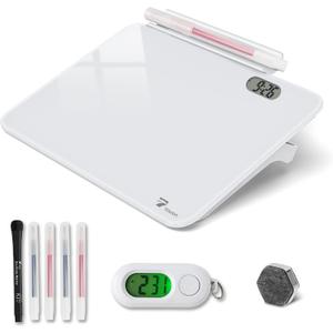 Small Glass Desk Whiteboard Dry-Erase Board with Clock, Small Travel Clock Keychain with Desk Notepad, Time Table Whiteboard for Desk Digital LED Light Display, 8x6 in with Accessories, White