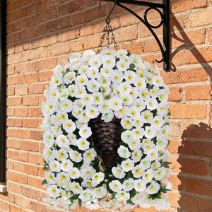 MJFloria Artificial Fake Flowers Plants Hanging Baskets for Outdoor Outside Decor, Faux Silk Hanging White Morning Glory Trailing Vines UV Resistant for Porch Patio Home Decoration