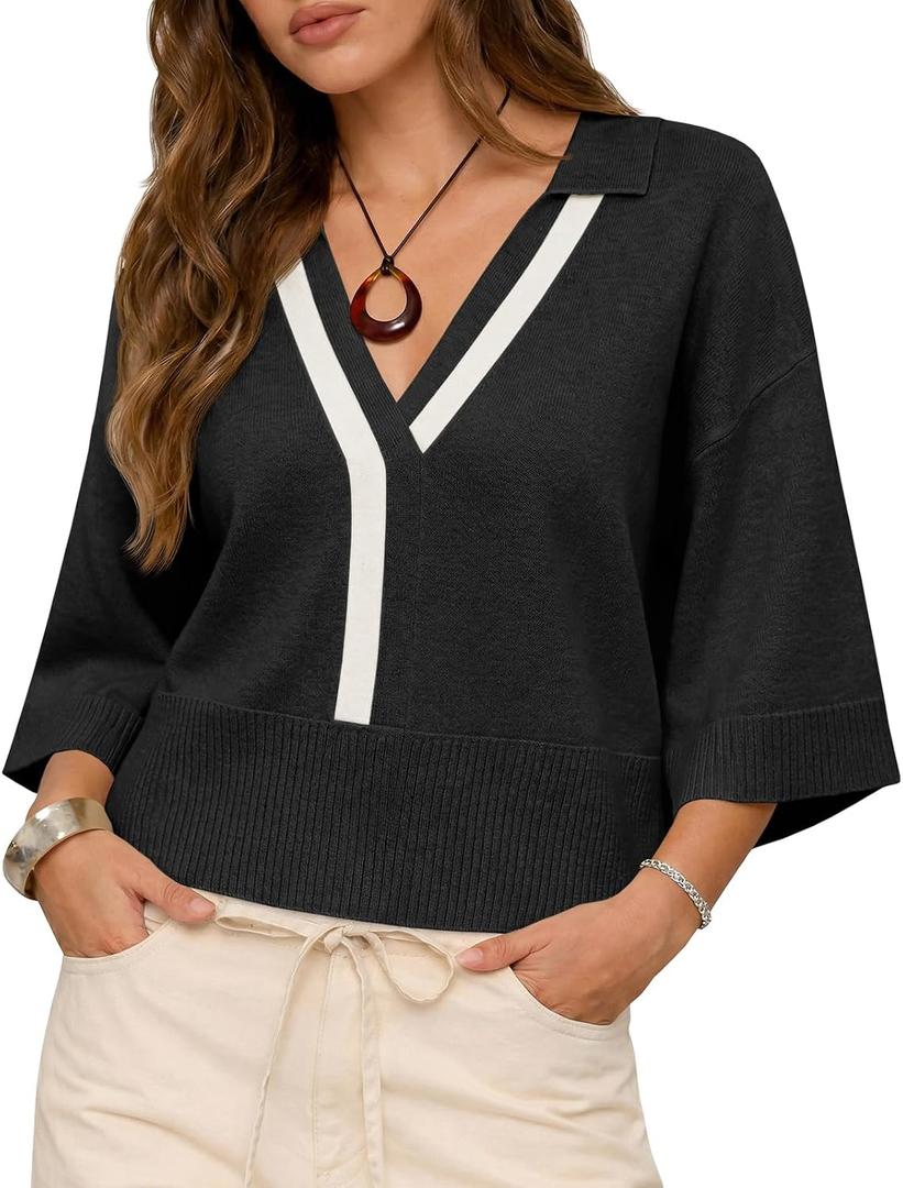 Saodimallsu Womens Short Sleeve Sweater Tops V Neck Collared Oversized Color Block Casual Summer Knit Polo Shirts (Black, M)