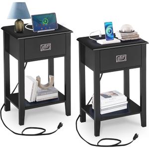 VECELO Nightstand Set of 2 with Charging Station, Vintage Solid Wood End Bedside Table with USB Ports, Storage Drawer, Open Shelf for Bedroom, Living Room, Sofa Couch, One Drawer, Black