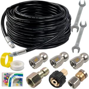 Hourleey Sewer Jetter Kit for Pressure Washer 50FT, Drain Cleaner Hose 1/4 Inch NPT, Orifice 4.0 Button Nose and Rotating Sewer Jetting Nozzle Spanner Tape Pearl Corsage Pin, 4000 PSI