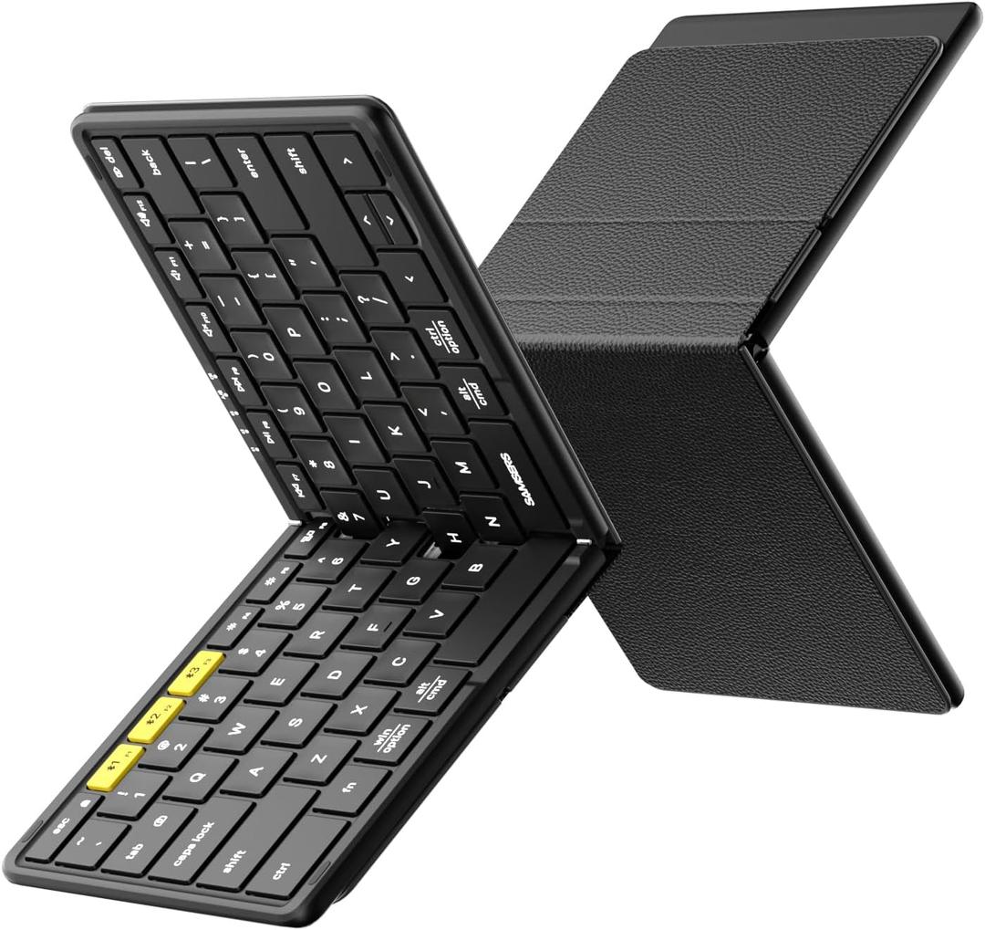 Samsers FullSize Foldable Bluetooth Keyboard, KF08S Wireless Folding Keyboards with PU Leather Cover, Portable Travel for iPhone iPad Smartphone Tablet Laptop, Android Windows Mac OS, Black