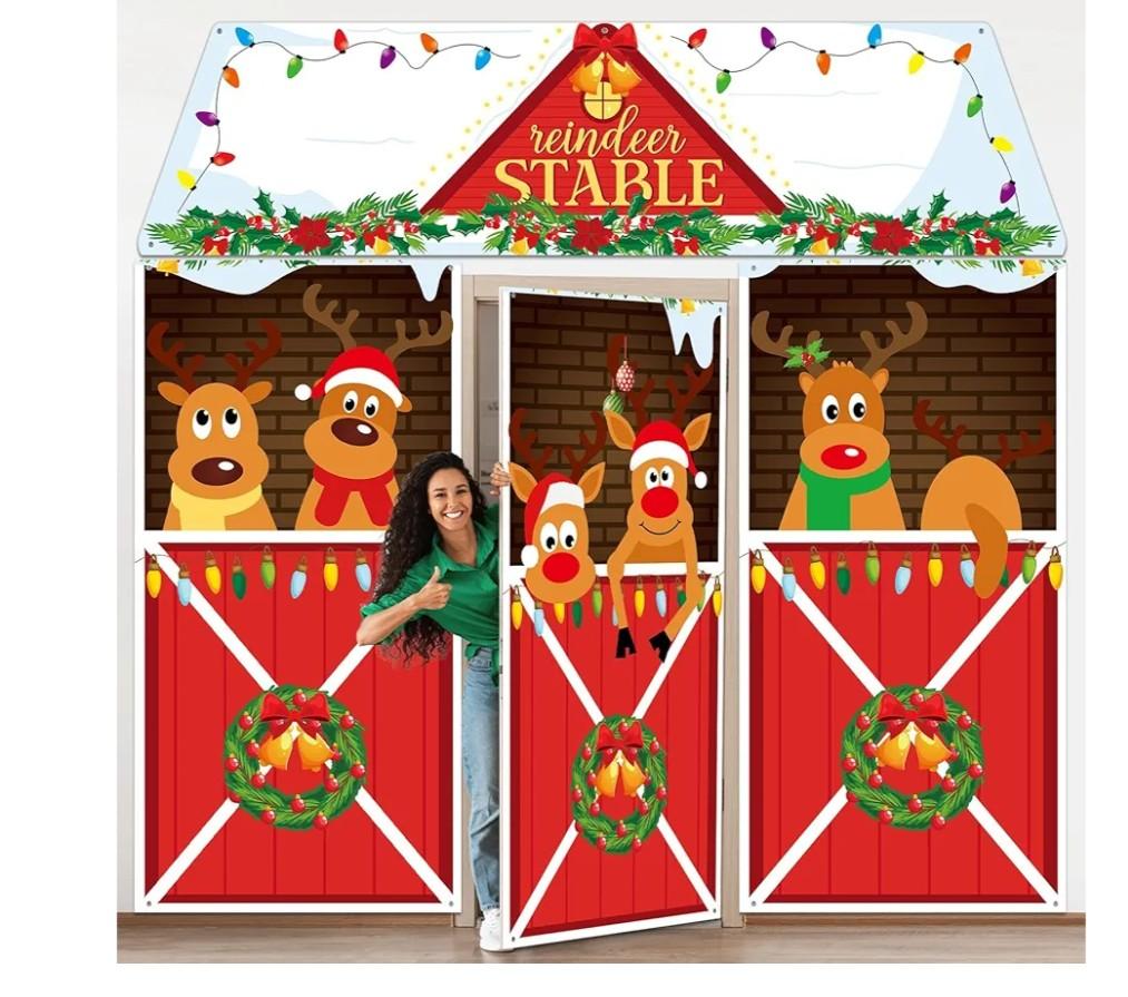 Christmas Deer Door Decorations Xmas Reindeer Stable Door Covers Backdrop Christmas Elk Snowflakes Hanging Banner Porch Sign for Holiday Wall Window Classroom Office Home Party Decor