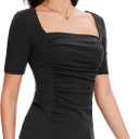 Amoretu Women's 2025 Ruched 1/2 Sleeve T-Shirts Square Neck Fitted Going Out Tops (Black, L)