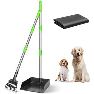 TOOGE Larger Pooper Scooper for Large Dogs, Dog Pooper Scooper Long Handle Stainless Metal Tray and Rake Set for Large Medium Small Dogs Heavy Duty (Green) (Extra Large) (2. Rake & Large Tray)
