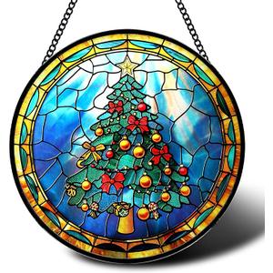 ERMCDFHC Stained Glass Window Hanging, Christmas Tree with Golden Gifts Design Round Sun Catchers Glass Panel Suncatcher Decor for Home, 7.8Inch. (037)