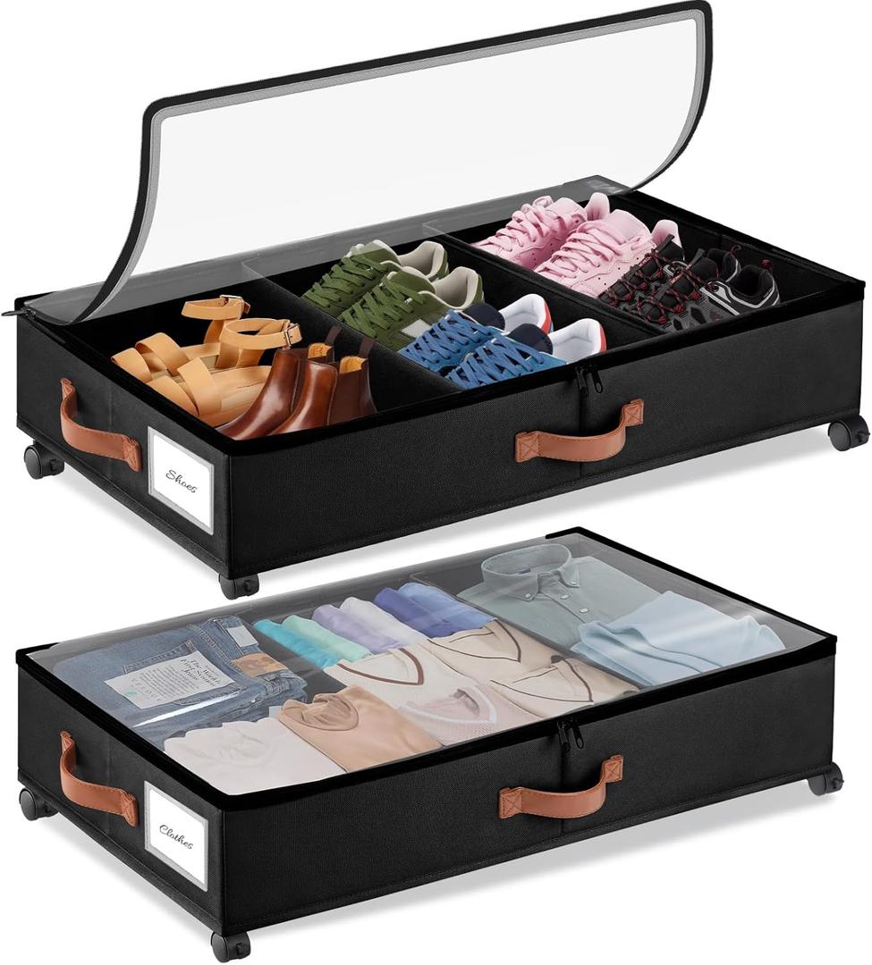 2Pack Under Bed Storage with Wheels, Upgrade Foldable Underbed Storage Containers Organizers Bins, Under Bed Shoe Storage Organizer for Clothes Shoes Blankets Sweater (Black)