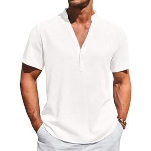 Runcati Mens Casual Henley Shirts Linen Short Sleeve V Neck Band Collar Shirt Beach Summer Hippie Lightweight Tops, XL