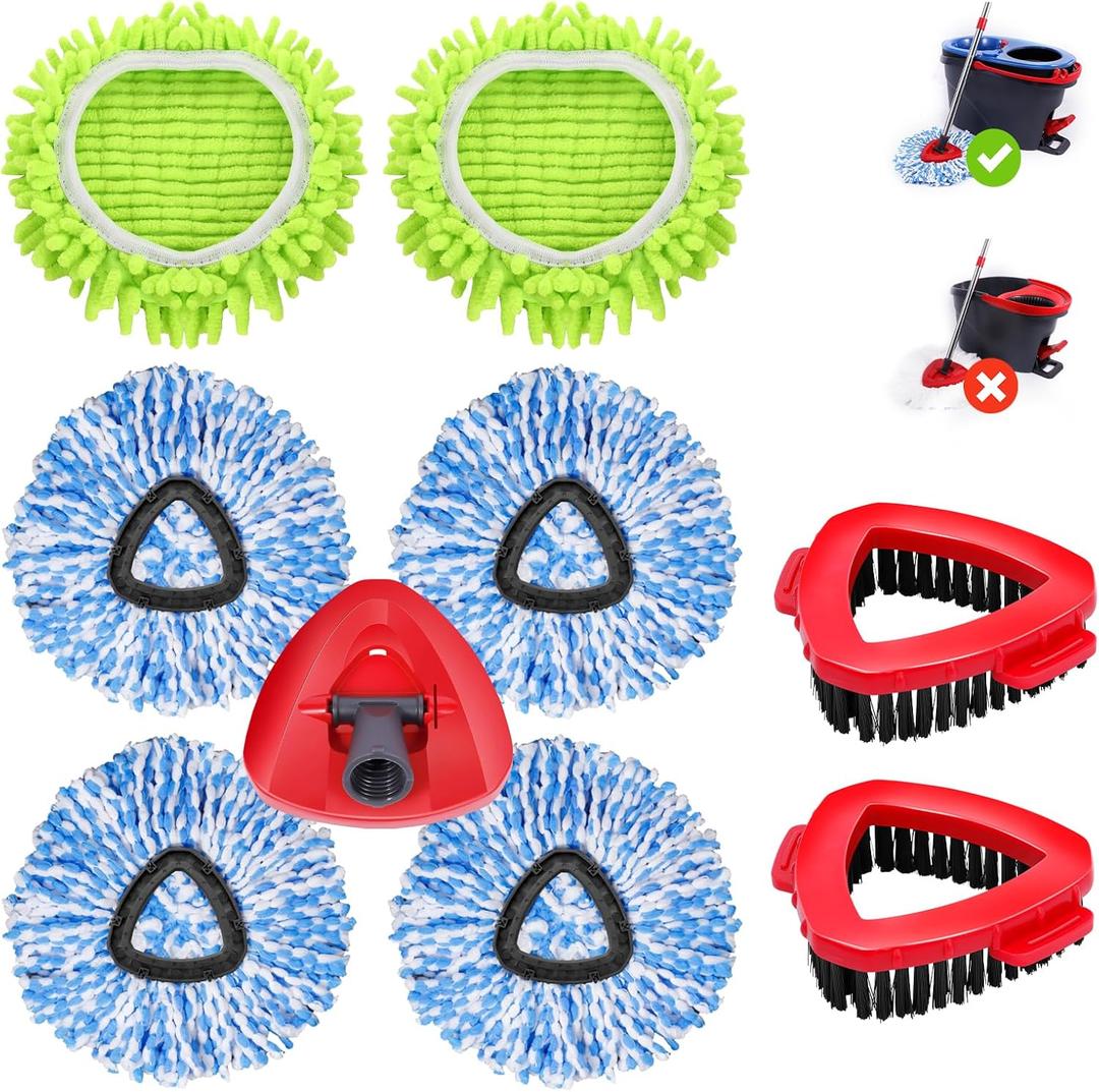 6 Pack Spin Mop Replacements Head Compatible for Ocedar RinseClean 2-Tank System,Microfiber Spin Mop Refills Head,2 Mop Scrub Brush + 1 Mop Base + 6 Pack Cleaning Floor Mop Head