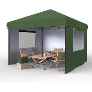 10x10 Pop Up Canopy with 3 Sidewalls - Outdoor Canopy Tent with Portable Roller Bag - One Button Push Setup, 3 Adjustable Height, 4 Weight Bags, 8 Stakes & 4 Guy Ropes Included, Green