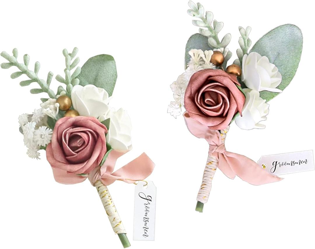 Lookein Set of 2 Wedding Boutonniere for Men Artificial Flowers Wedding Groom Groomsmen Boutonniere for Wedding Ceremony Anniversary Formal Dinner Party, Dusty Rose