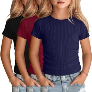 3 Pack Girls Short Sleeve Cute Shirts | Ribbed Knit, Crew Neck, Slim Fit, Summer, Basic, Soft, School Outfit, Trendy, Ages 5-14, Solid Colors, Versatile Styling