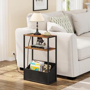 TUTOTAK Narrow Small Side Table, Nightstand with Charging Station, End Table with Storage, Bedside Table for Small Space, Livingroom, Bedroom Brown TB01BB095