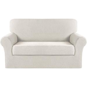 Turquoize Stretch Sofa Slipcover 2 Pieces Sofa Cover Couch Cover for 2 Cushion Couch Washable Furniture Protector Covers with Elastic Bottom Feature Thick Jacquard Fabric (Loveseat, Ivory)