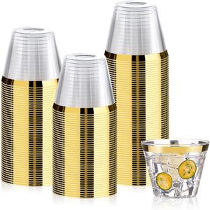 100 Pack 9 oz Gold Plastic Cups, Clear Disposable Cups with Gold Rim, Plastic Cocktail Glasses for Party & Graduation & Wedding
