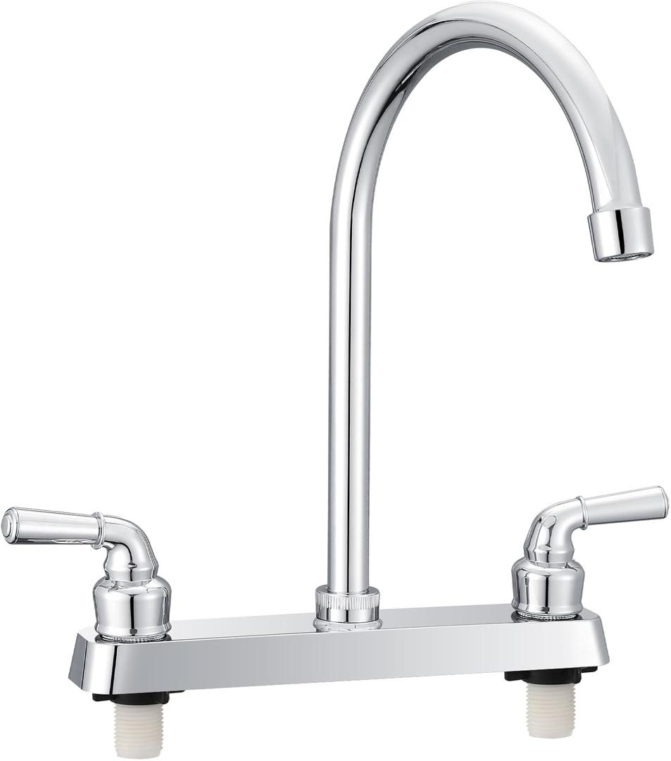 ABS Kitchen Faucet 8" Main Body, Non-Metallic RV Kitchen Faucet 360° Rotatable High Arch Two Handle for Campers, Motorhomes, Travel Trailers, Chrome