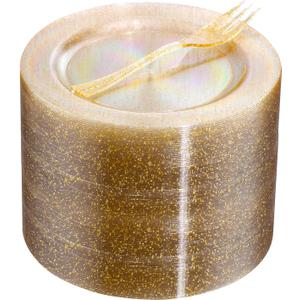 WELLIFE 60PCS Gold Glitter Dessert Plates and 60PCS Plastic Forks, 6.3 inch Disposable Dessert Plates for 60 Guests, Durable Gold Glitter Cake Plate, Perfect for Party