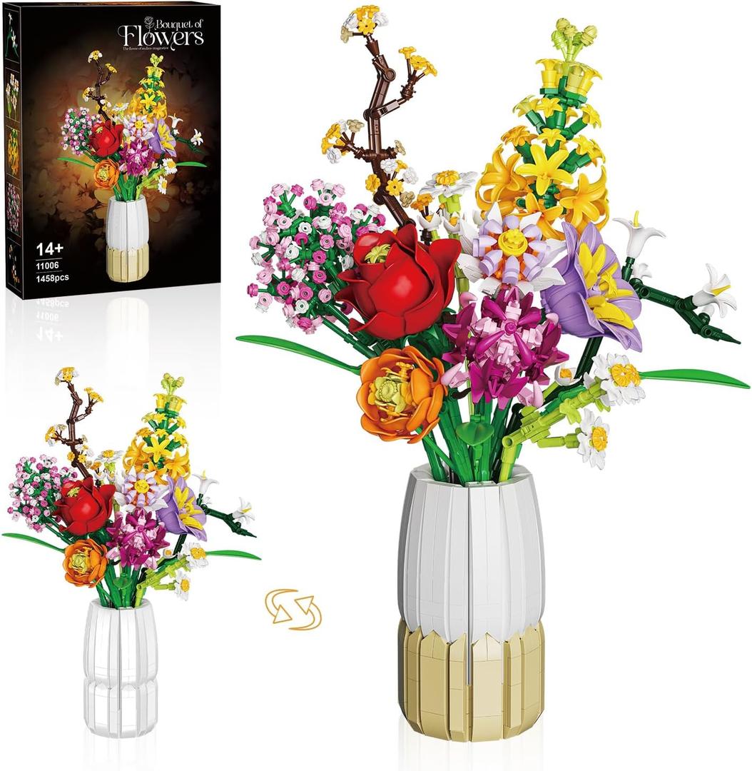 2 in 1 Vase Flowers Bouquet Building Set, Artificial Flowers Bouquet Sets for Adults & Women, for Wife Mom Mother, Comptatible with Lego Flowers Bouquet, 1458 PCS, Medium