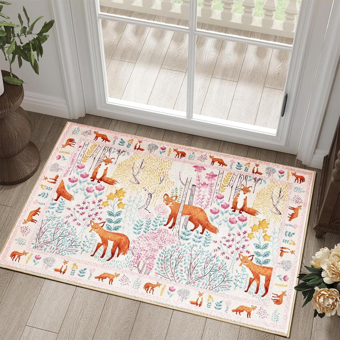 Estmy Woodland Forest Rug Washable, Thin Profile Cute Pink 2x3 Non Slip Abstract Nature Inspired Rug Aesthetic Botanical Floral Animals Accent Area Rugs for Bedroom Bathroom Kitchen Dorm