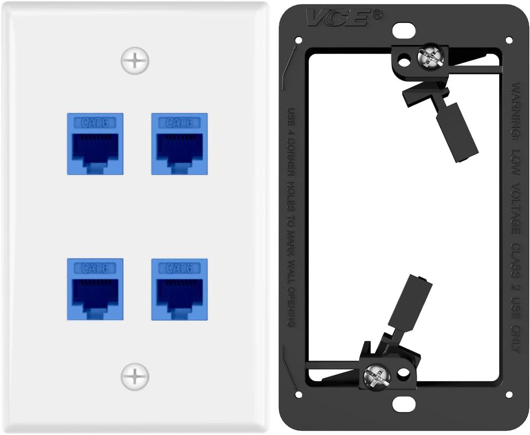 VCE UL Listed 4-Port Ethernet Wall Plate with Low Voltage Mounting Bracket, CAT6 RJ45 Wall Plate with Single Gang Bracket, Blue