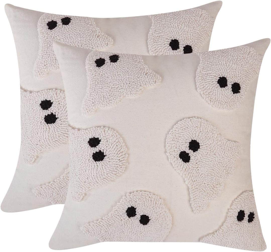 Tosleo Halloween Throw Pillow Covers 18x18 inch Set of 2 Halloween White Ghosts Embroidered Pillow Cases Thanksgiving Home Party Fall Decor Pillowcases Square Cushion Covers for Spooky Season