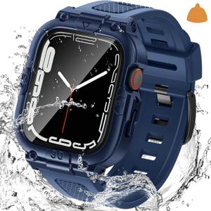 Goton 3 in 1 Waterproof Case with Band for Apple Watch with Built-in Tempered Glass Screen Protector 45mm, 360 Shockproof Bumper Face Cover with Band for Apple Watch Series 9/8/7, 45mm (Blue)