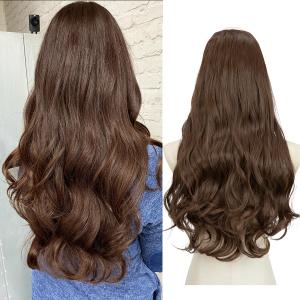 SARLA Clip in U Part Hair Extensions Synthetic Long Wavy Curly Thick Full Head Hairpiece for Women Medium Brown 24 Inch