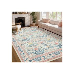 Joydeco Boho Floral Light Pink 5x7 Area Rugs for Bedroom Girls Playroom, Machine Washable Kids Room Nursery Rug Non Slip, Soft Indoor Floor Carpet for Living Room Dorm Classroom