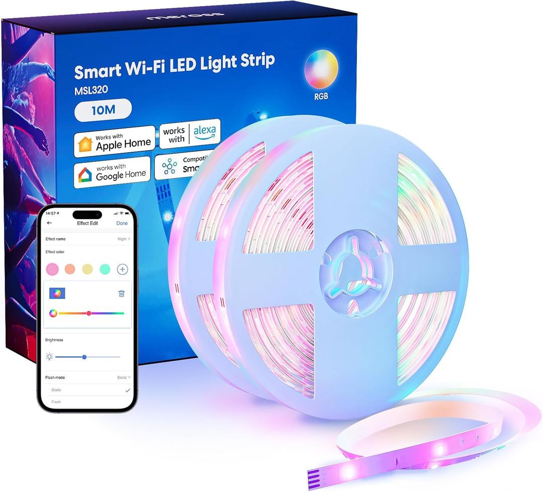 Smart LED Strip Lights Works with Apple HomeKit, 32.8ft WiFi RGB Strip, Compatible with Siri, Alexa&Google and SmartThings, App Control, Color Changing Light Strip for Bedroom, Upstairs, and Festivals