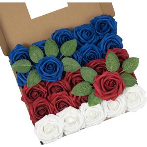 DuHouse 25Pcs Artificial Roses Flowers Fake Rose with Stems Real Touch Foam Flowers for DIY Wedding Bouquet Party Centerpiece Floral Arrangement Party Home Decor(Blue White Red)