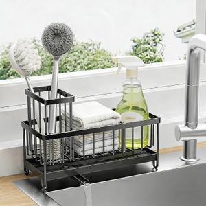Kitchen Sink Caddy Organizer, Rustproof 304 Stainless Steel Scrub Holder for Sink, No Drill Draining Rack for Sponge, Brush & Soap  Black