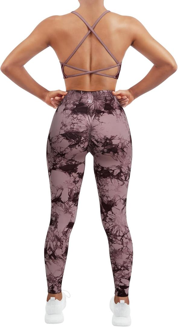 SUUKSESS Women Seamless 2 piece Workout Sets Strappy Padded Sports Bra Booty High Waisted Leggings Outfits (Wine Red Tie Dye,M) (M)