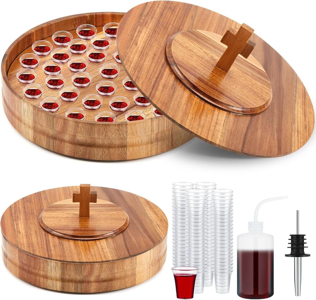 Zhehao 1 Set Wood Communion Set Holy Communion Trays for Churches with Lid Churches Cup Fillers and 100 Disposable Cups (Dark Brown)