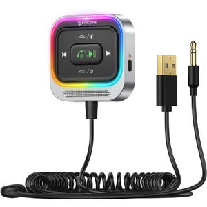 Syncwire Bluetooth 5.4 Receiver 3.5mm Aux Car Adapter Bluetooth Receiver Car Kit with Coiled Cable [Large Mic Noise Cancellation] [Hands-Free Calling] [HiFi Deep Bass] [Colorful Light Switch] (Silver)
