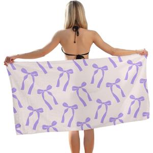 Purple Bow Girls Beach Towel, Coquette Purple Bow Bath Towels, Preppy Gifts for Women, Preppy Girly Aesthetic Pool Swim Towels for Girls Bathroom Decor, 60x30 Inches