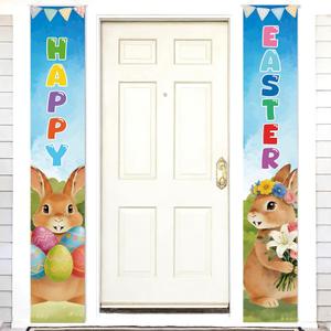 Ladnica Happy Easter Door Banner 2 Pack, 72 x 12 Inch Easter Porch Sign with Bunny Egg Pennant Flag Carrot, Spring Easter Decorations for Front Door Yard Home Indoor Outdoor Party Supplies