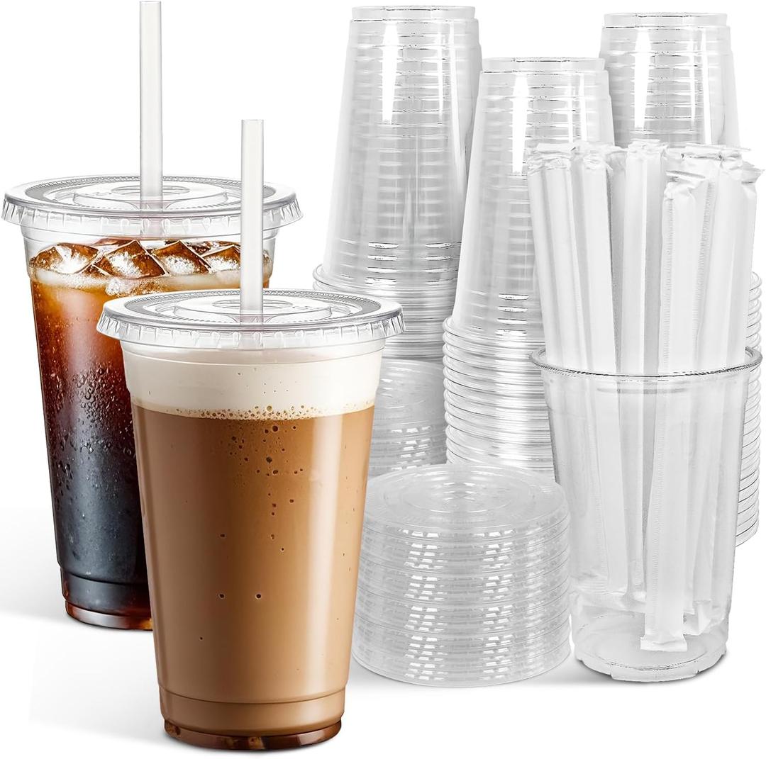 Ginkgo 100 Pack - 16 oz Clear Plastic Cups with Lids and Straws, Leak-Proof & Sturdy, Disposable Iced Coffee Cups for Smoothie, Cold Drinks