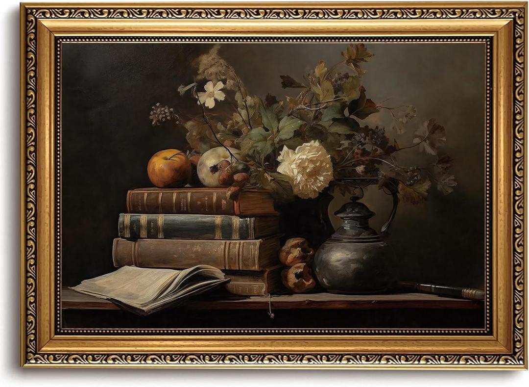 Vintage Gold Framed Wall Art - Vintage Floral Wall Art Moody Flower Book Canvas Prints Dark Academia Decor Cottagecore Aesthetic Pictures Painting Artwork for Living Room Bedroom 12x16in (Classical Style)