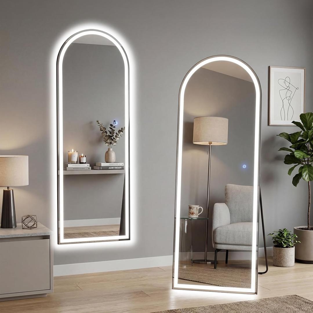 16"x60" Arched LED Full Length Mirror with Stand, Full Body Wall-Mount Mirror with LED Lights 3 Color Lighting, Hanging or Leaning, Floor Standing, Modern Simple Home Wall Decor