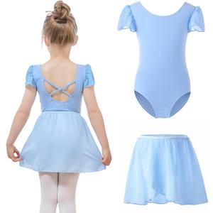Bezioner Ballet Leotard for Girls with Removable Skirt Ballet Dress Puff Sleeve Dance Leotard Ballerina Outfit for Girls (8-10 Years, Blue)